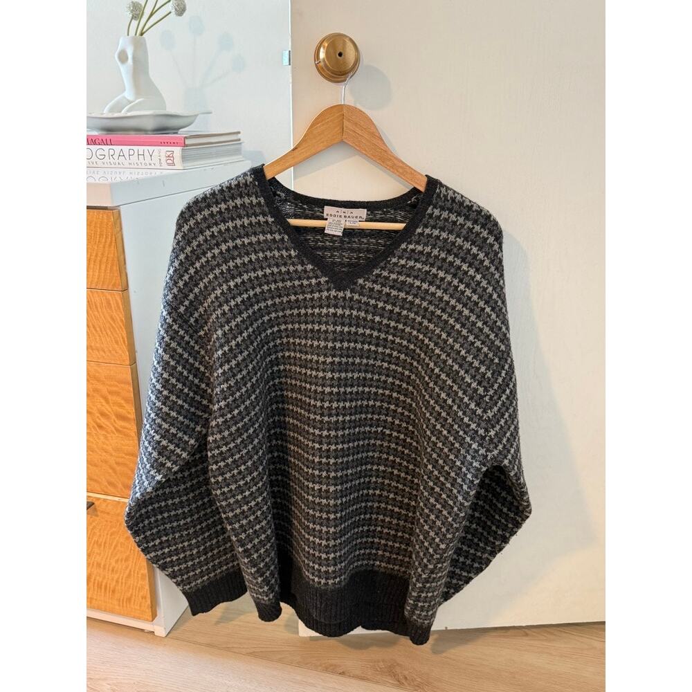 Eddie Bauer Lambswool Sweater Houndstooth V Neck Vintage 90s Knit ✨